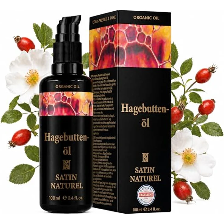 Satin Naturel Bio Hagebuttenöl 100 ml – 100% reines, kaltgepresstes Rosa Canina – Gesichtsöl, Körperöl, Massageöl & Haaröl mit Anti-Falten-Wirkung für trockene Haut – Bild 1