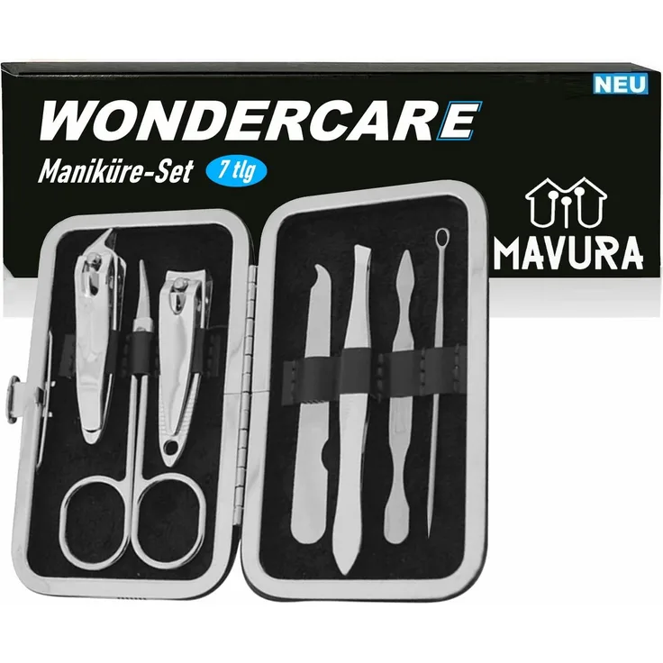 "MAVURA Maniküre-Pediküre-Set WONDERCARE 7tlg Nagelpflegeset, Nagelschere Nagelfeile Pediküre Etui Set - Silber"