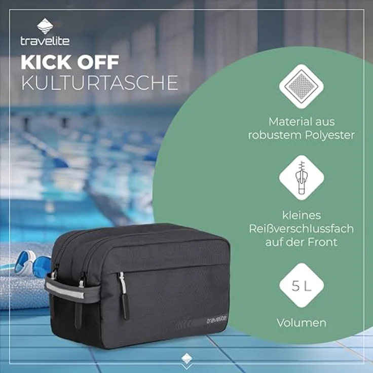 travelite Handgepäck Kosmetiktasche, Gepäck Serie KICK OFF: Praktische Kulturtasche für Urlaub und Sport, 006920-04, 26 cm, 5 Liter, anthrazit (grau) – Bild 3