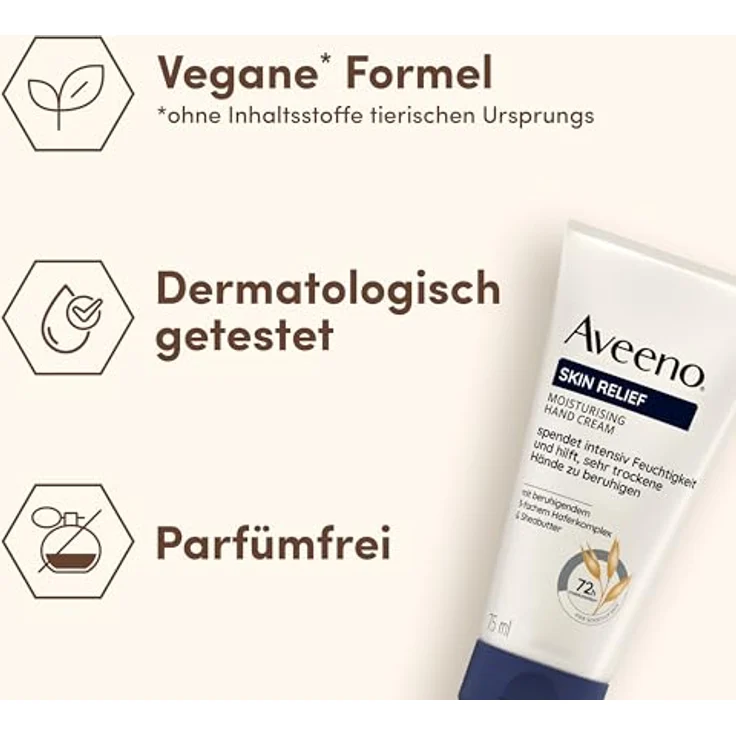 Aveeno Skin Relief Feuchtigkeitsspendende Handcreme (75 ml), parfümfreie Handcreme für sehr trockene Hände, natürliche Hautpflege mit beruhigendem Hafer & Sheabutter, vegan* – Bild 5