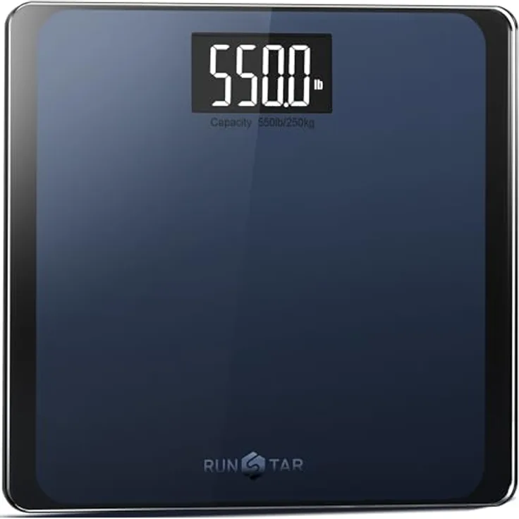 RunSTAR Digitale Personenwaage, hochpräzise Sensoren, Tragkraft bis 250 kg, 8 mm Sicherheitsglas, extragroße Trittfläche, großes LCD-Display, Step-on-Technologie, blau-schwarz