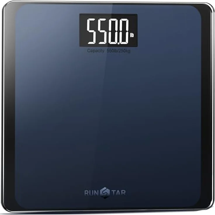 RunSTAR Digitale Personenwaage, hochpräzise Sensoren, Tragkraft bis 250 kg, 8 mm Sicherheitsglas, extragroße Trittfläche, großes LCD-Display, Step-on-Technologie, blau-schwarz – Bild 1