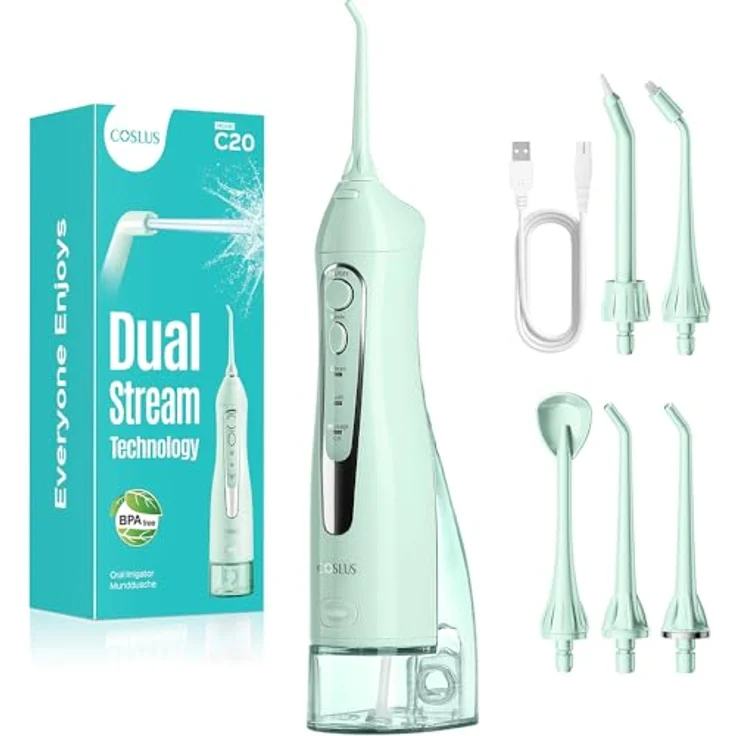 COSLUS C20 (F5020E) Munddusche, kabellos, 300ml Wassertank, IPX7 wasserdicht, 5 Multifunktionale Jet-Tipps, 30 Tage Akkulaufzeit, für tägliche Tiefenreinigung – Bild 1