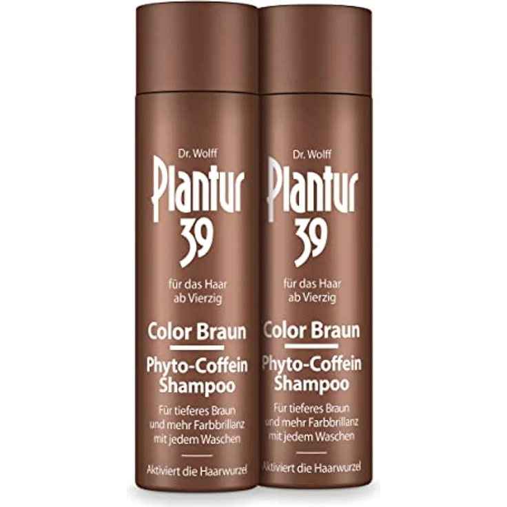 Plantur 39 Color Braun Phyto-Coffein-Shampoo, 2 x 250 ml, für braunes Haar, kaschiert graue Haare, pflegt und beugt menopausalem Haarausfall vor – Bild 1