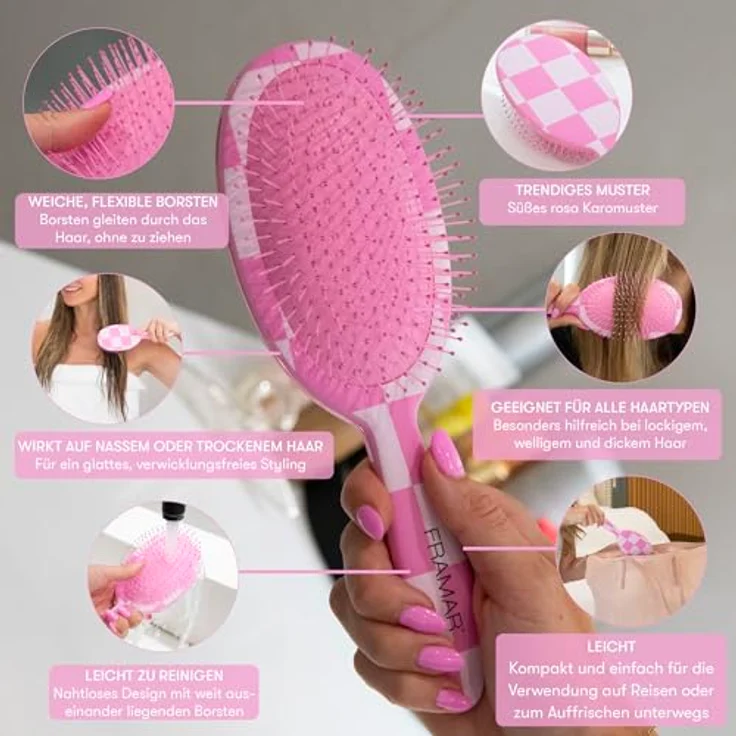 FRAMAR Entwirrbürste, Kariert Rosa, Haarbürste ohne Ziepen für alle Haartypen, zeitsparend und schmerzfrei – Bild 3