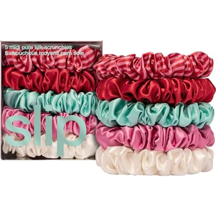 SLIP Midi Scrunchie Gelati Set, 5 Haargummis aus 100% Maulbeerseide in Sonnenuntergang, Gelati, Sonnenschutz, Bianca & Türkis, anti-falten, reduziert Haarbruch, sanft zum Haar – Bild 1
