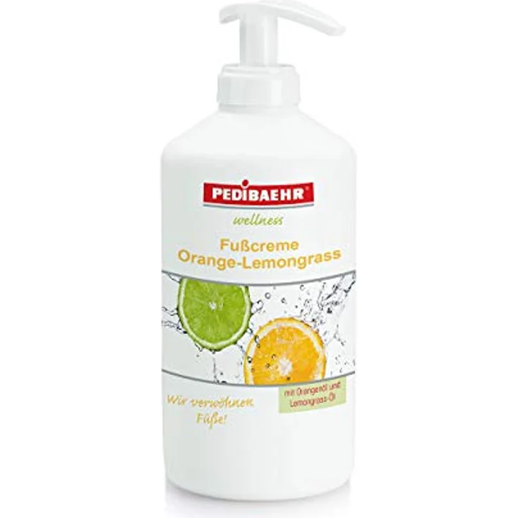 Pedibaehr Fußcreme Orange-Lemongrass, 500 ml Spender mit Orangenöl, Lemongrass-Öl und feuchtigkeitsspendender Wirkstoffkombination – Bild 1