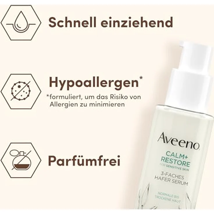 Aveeno CALM+RESTORE 3-faches Hafer Serum (30 ml), beruhigend & feuchtigkeitsspendend, parfümfrei, für empfindliche Haut, mit Mutterkraut und 3-fachem Haferkomplex – Bild 5