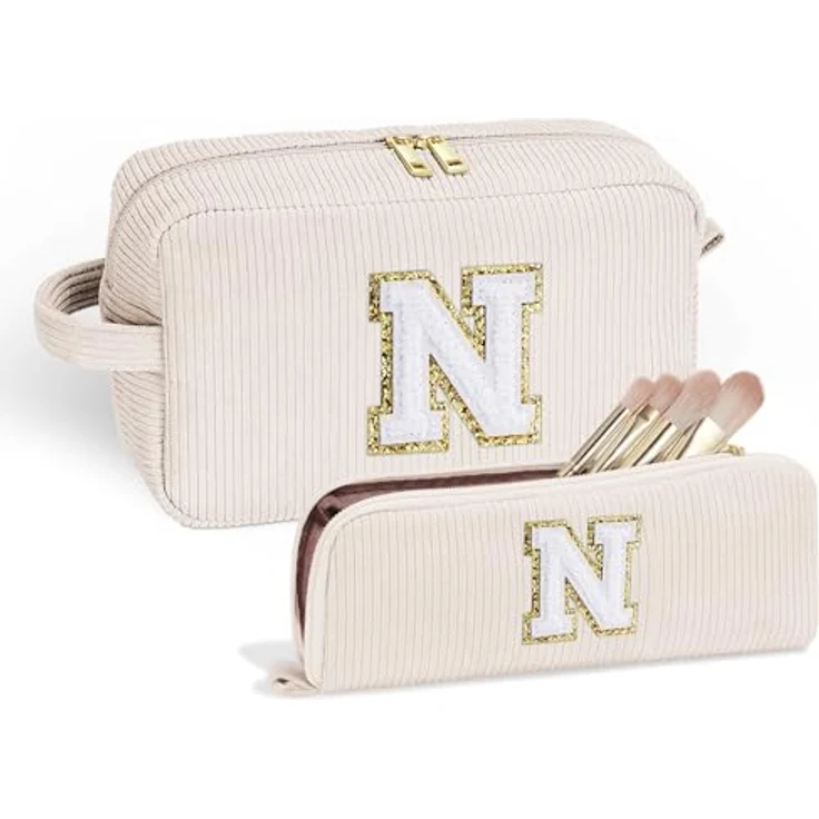 Parima Personalisierte Kosmetiktasche Klein, Cord Make-up Tasche mit Buchstaben N, 2-teilig, praktisch und vielseitig für Reisen und Alltag – Bild 1