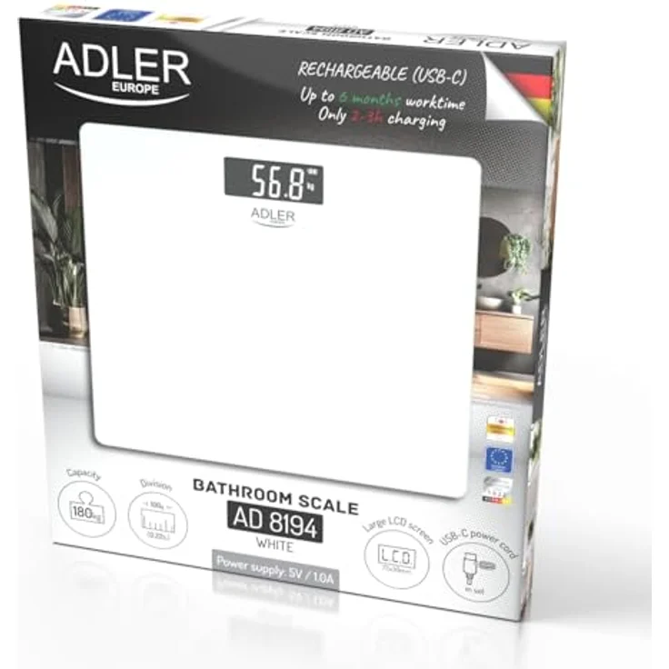 ADLER EUROPE AD 8194W Personenwaage, digitale Glaswaage mit USB-C Akku, max. 180 kg, schwarzes Design – Bild 6