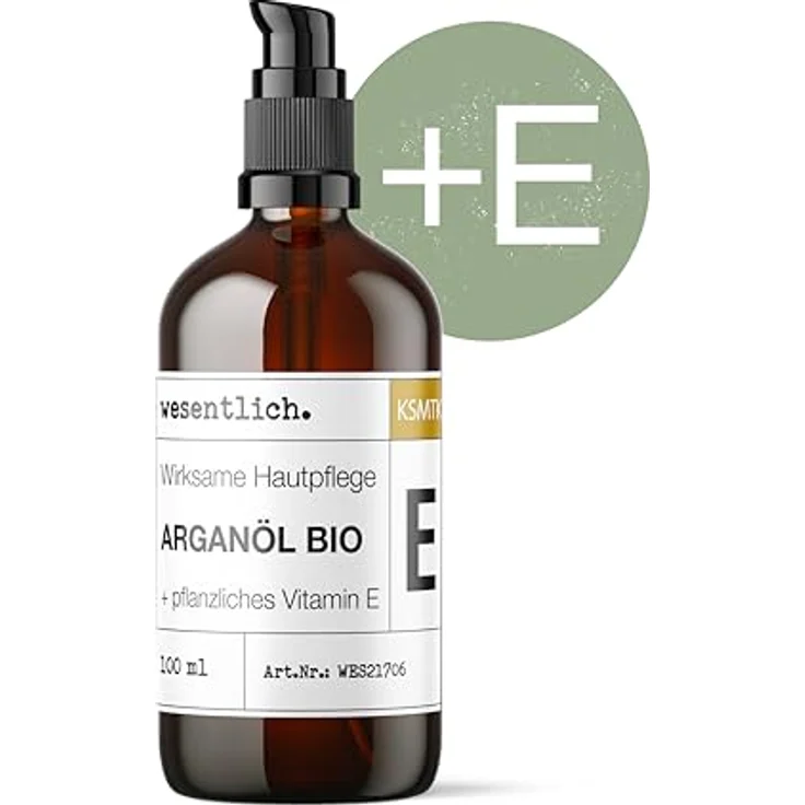wesentlich. BIO Arganöl mit Vitamin E, kaltgepresst, 100ml | Haut-, Haar- & Anti-Aging-Pflege | Glasflasche mit Pumpspender – Bild 2