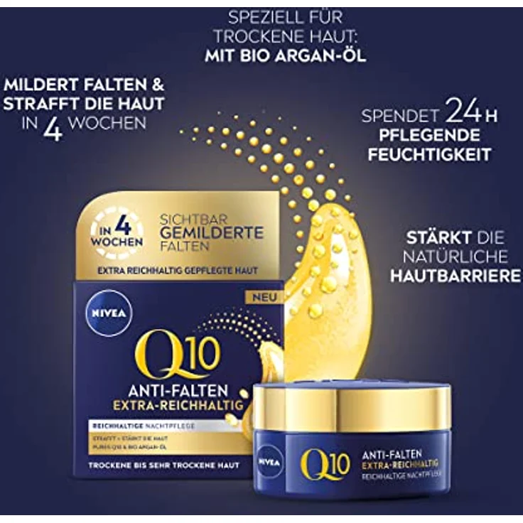 NIVEA Q10 Anti-Falten Nachtpflege, Nachtcreme für trockene Haut mit Coenzym Q10 und Bio Argan-Öl, feuchtigkeitsspendende Anti-Falten Gesichtspflege, Q10 Power Extra-Reichhaltige Nachtpflege, (50 ml) – Bild 2