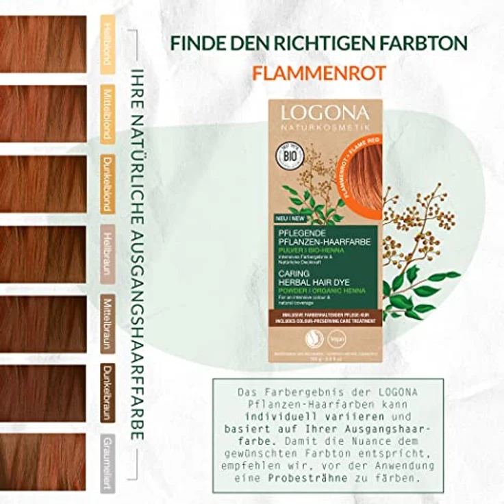 LOGONA Naturkosmetik Pflegende pflanzliche Haarfarbe, Veganes Haarfarbe-Pulver mit Bio-Henna für intensive Farbe und Glanz, Pflanzenhaarfarbe in Flammenrot (Rot), 1 x 100g – Bild 5