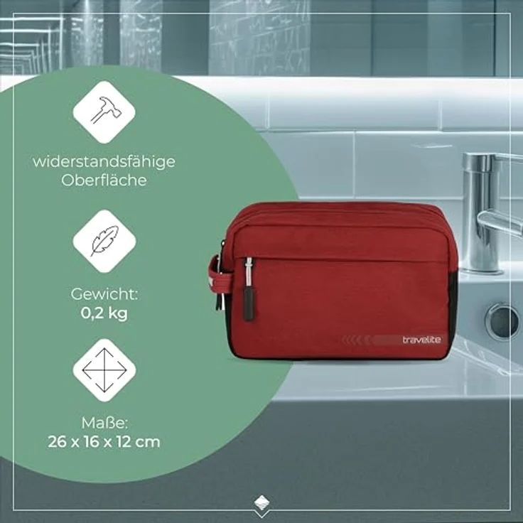travelite Handgepäck Kosmetiktasche, Gepäck Serie KICK OFF: Praktische Kulturtasche für Urlaub und Sport, 006920-10, 26 cm, 5 Liter, rot – Bild 4