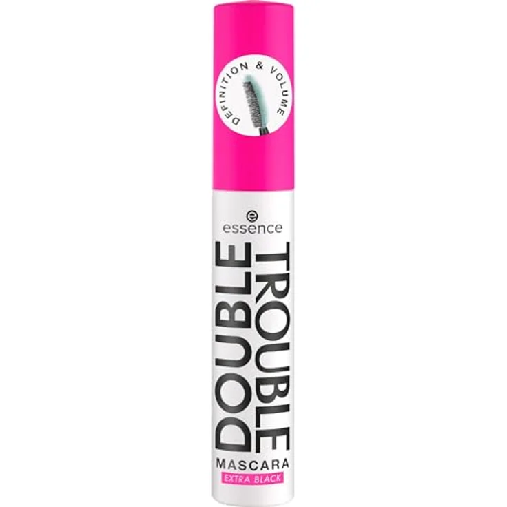 essence DOUBLE TROUBLE MASCARA EXTRA BLACK, Schwarz, 2in1-Bürste für Volumen und Schwung, intensiv, vegan, 12ml – Bild 1