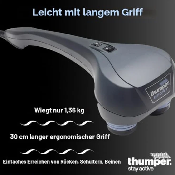 Thumper Massagegerät Sport, tragbares Klopfmassagegerät mit verstellbarer Intensität, 2 Massageaufsätzen, 1,4 kg, ergonomischer Griff – Bild 3