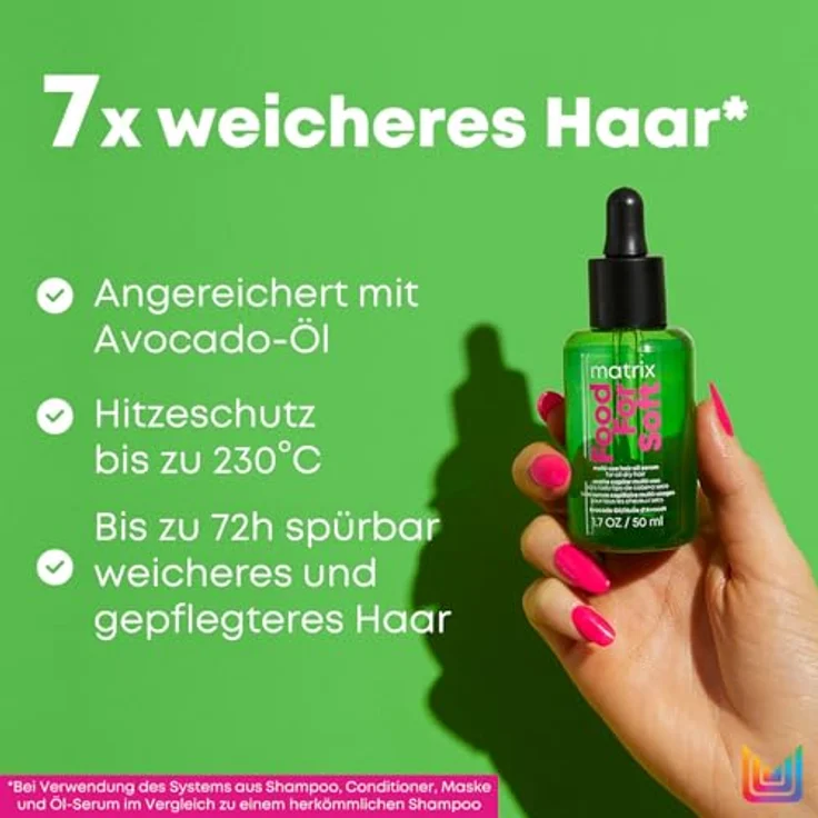Matrix Leave-In Öl-Serum für trockenes bis sehr trockenes Haar, Mit Avocado-Öl und Hyaluronsäure, Hitzeschutz bis 230°C, Feuchtigkeitsspendend, Vegane Formel, Food For Soft, 1 x 50 ml – Bild 3