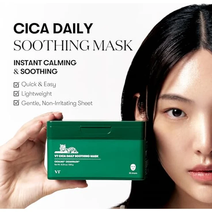 VT COSMETICS CICA Tägliche Beruhigende Maske, 30 Stück, mit Centella Asiatica & Hyaluronsäure, feuchtigkeitsspendend, hautberuhigend & strahlend – Bild 2