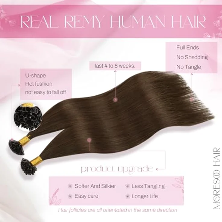 Moresoo Echthaar Extensions Bondings 1g U Tip Keratin Dunkelbraun #4, 50g, 45 cm Haarverlängerung – Bild 2