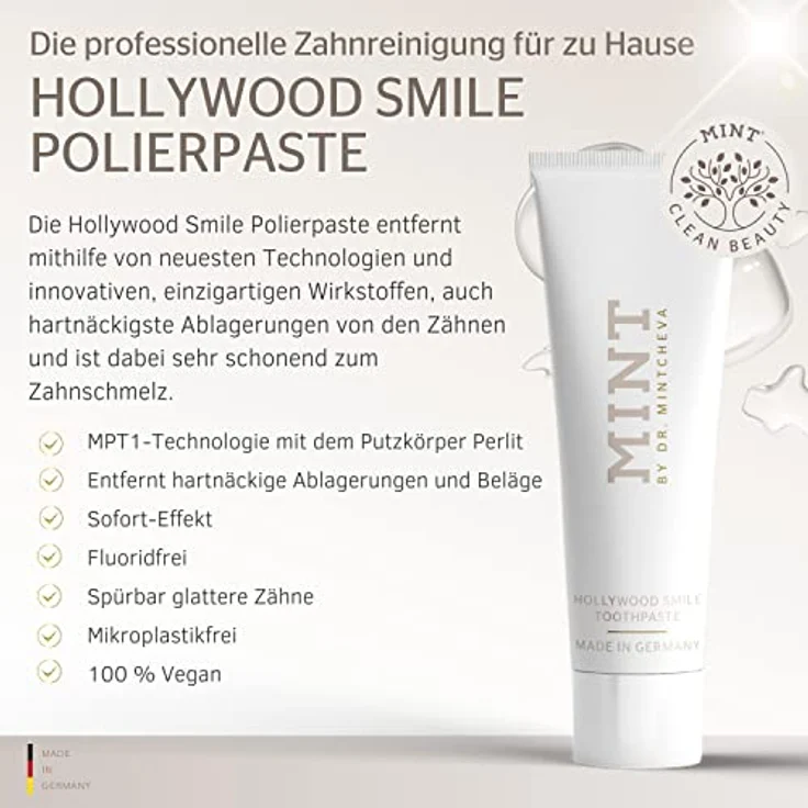 MINT Hollywood Smile Polierpaste mit Whitening-Effekt (75ml) - Professionelle Zahnreinigung für zu Hause - Effektive Tiefenreinigung - Fluoridfrei - Mikroplastikfrei - Vegan - By Dr. Mintcheva – Bild 5