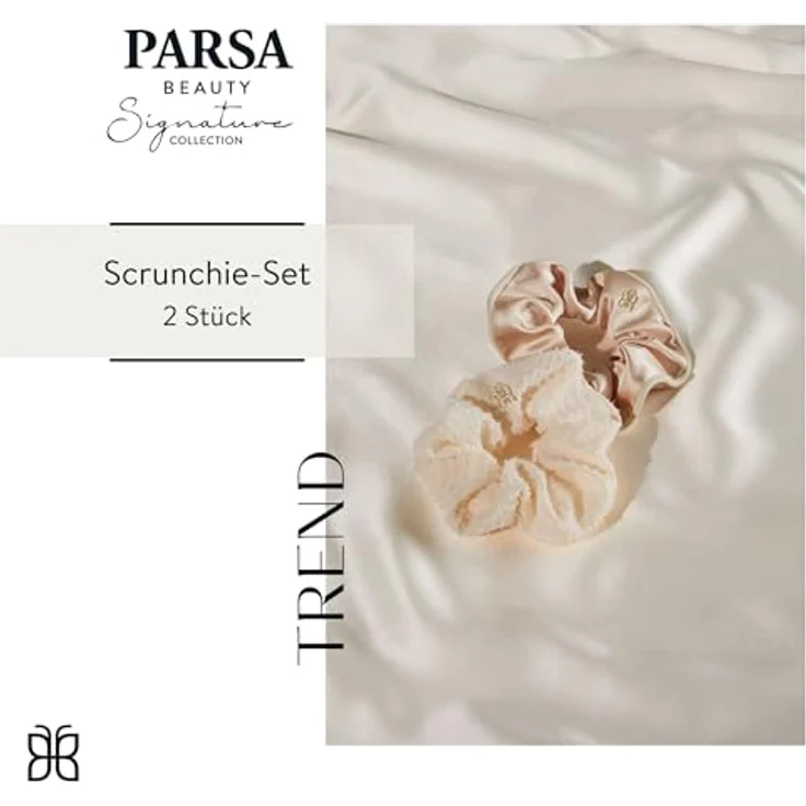 PARSA Beauty Scrunchie Set, nude, edles Haargummi-Set mit goldenem Signature Charm, haarschonend und vielseitig für jeden Anlass – Bild 2