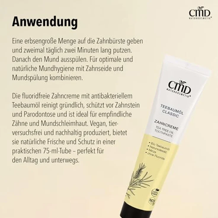 CMD Teebaumöl Zahncreme 75 ml, beugt der Bildung von Karies, Parodontose und Zahnstein vor  – Bild 4