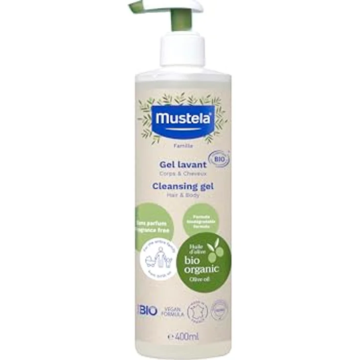 Mustela Veganes Bio-Reinigungsgel mit Olivenöl, Aloe Vera und Glycerin, 99% natürliche Inhaltsstoffe, sanfte Reinigung für Körper und Haare, für die ganze Familie, 400ml – Bild 1