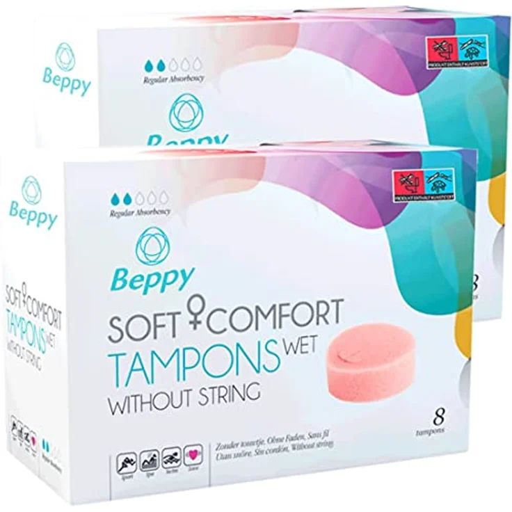 Beppy WET Comfort Tampons, Doppelpack 2x8 Stück, Schwamm Tampons ohne Fädchen, feucht, für Sauna, Schwimmen, Sport und Liebe