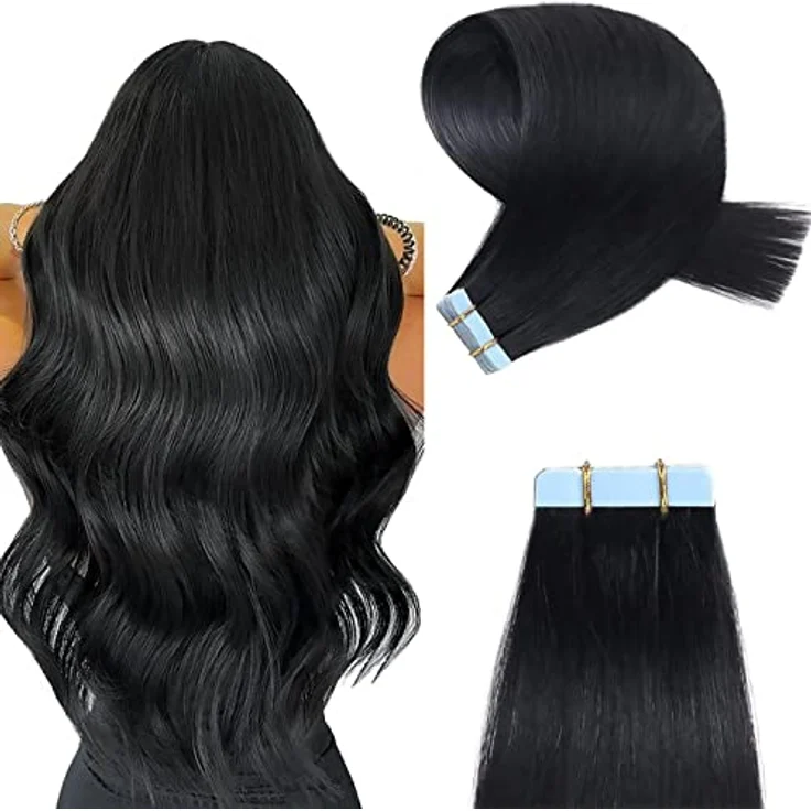 YILITE Tape Extensions Echthaar, 35cm Jet Black, 20 Stück/Packung, 40g, seidig gerade, wiederverwendbar, Skin Weft – Bild 1