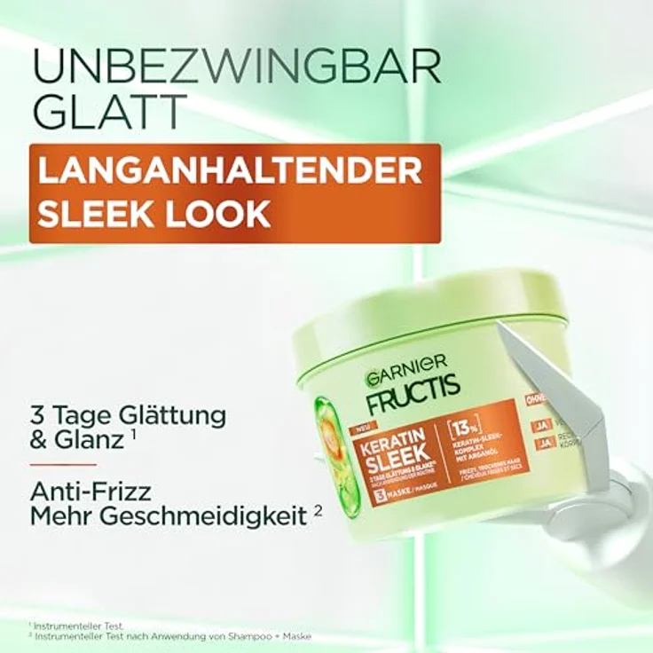 Garnier Fructis Keratin Sleek Maske, Haarmaske mit Arganöl und Keratin-Komplex für trockenes, frizziges Haar, 370 ml – Bild 2