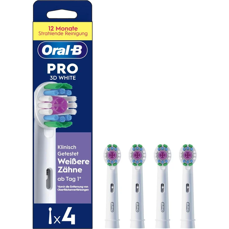 Braun Oral-B Pro 3D White, 4 Stück Aufsteckbürsten mit Polishing Cup für weißere Zähne, Farbe: Weiß