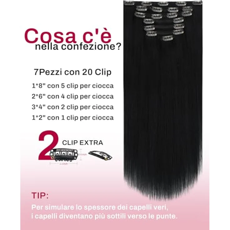 Moresoo Clip in Extensions, Echthaar Remy Schwarz, 70g, 30 cm, 5 Tressen für volleres Haar – Bild 3