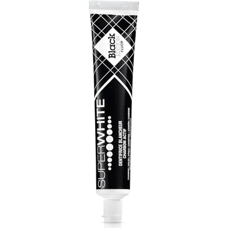 SUPERWHITE Aktivkohle Zahnpasta Black Edition, Aufhellend & Frisch mit Pfefferminz-Geschmack, fluoridiert, 75ml