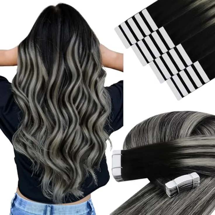 YoungSee Tape in Extensions Echthaar, Ombre Silber #1B/S/1B, 35cm, unsichtbare Tapes für Damen, 50g