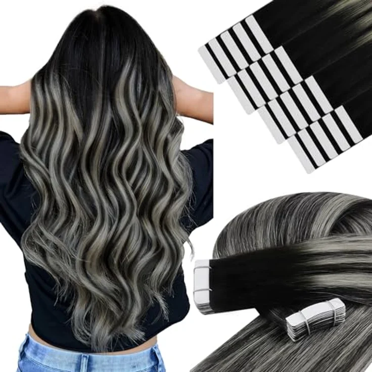 YoungSee Tape in Extensions Echthaar, Ombre Silber #1B/S/1B, 35cm, unsichtbare Tapes für Damen, 50g – Bild 1