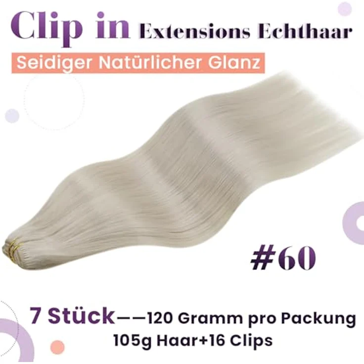 LaaVoo Echthaar Clip in Extensions, Platinblond, 7 Stück, 105g, 45cm, Doppel-Tressen für Volumen – Bild 3