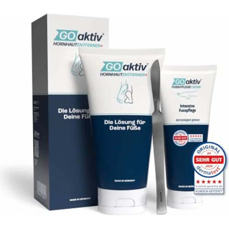 GOaktiv® Starter Hornhautentferner Set, Gel 200ml + Fußpflegecreme 100ml + Schaber, dermatologisch , made in Germany