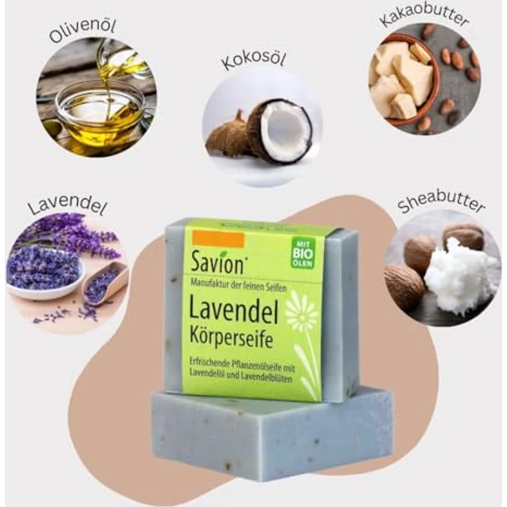 SAVION Lavendel Körperseife, mit Lavendelöl und Lavendelblüten, Vegan, Palmölfrei, 80g – Bild 2