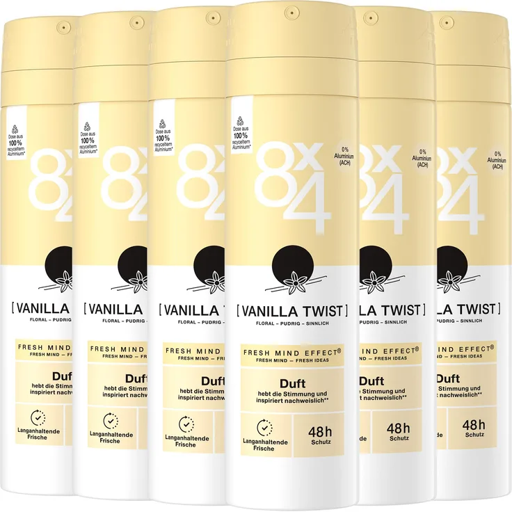Beiersdorf 8x4 Deo Spray Vanilla Twist, 6 x 150ml, Fresh Mind Effect® & 48h Schutz