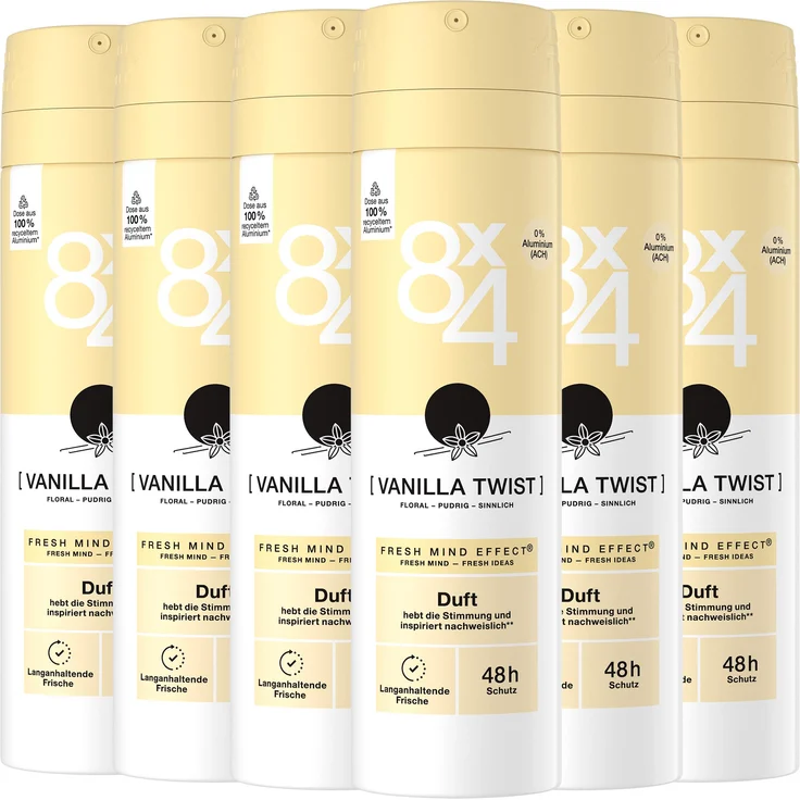 Beiersdorf 8x4 Deo Spray Vanilla Twist, 6 x 150ml, Fresh Mind Effect® & 48h Schutz