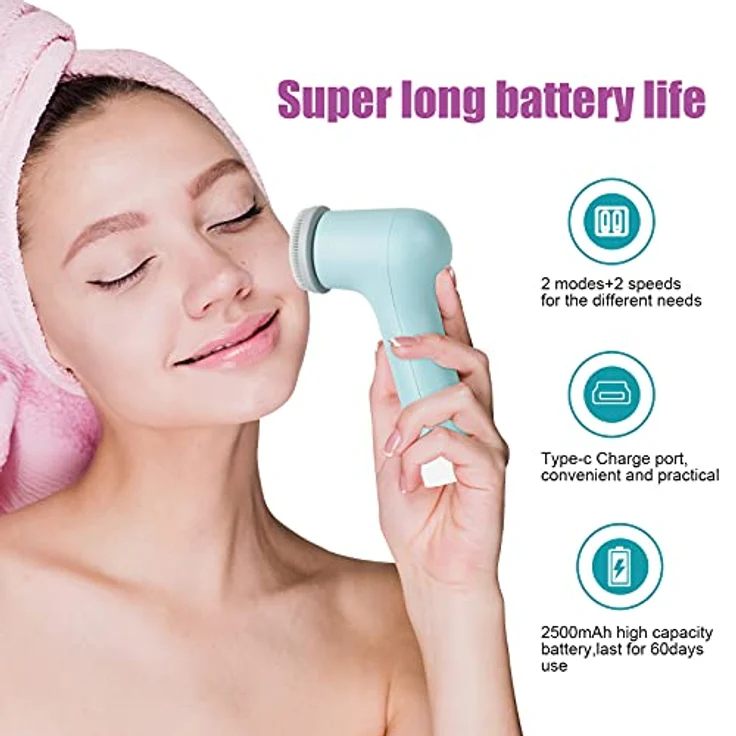 MYCARBON Elektrische Gesichtsreinigungsbürste mit IPX7 Wasserdichtigkeit, 2500mAh wiederaufladbar, 2 Geschwindigkeiten und 2x360° Bürstenkopf für alle Hauttypen, Blau – Bild 5