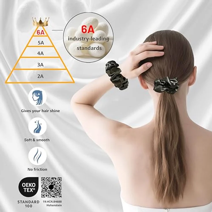 townssilk Seiden Scrunchie 2er-Set, 100% Maulbeerseide 6A/22 Momme, OEKO-TEX® zertifiziert, haarschonend & voluminös, elastisch ohne Abdrücke, IronGray – Bild 3
