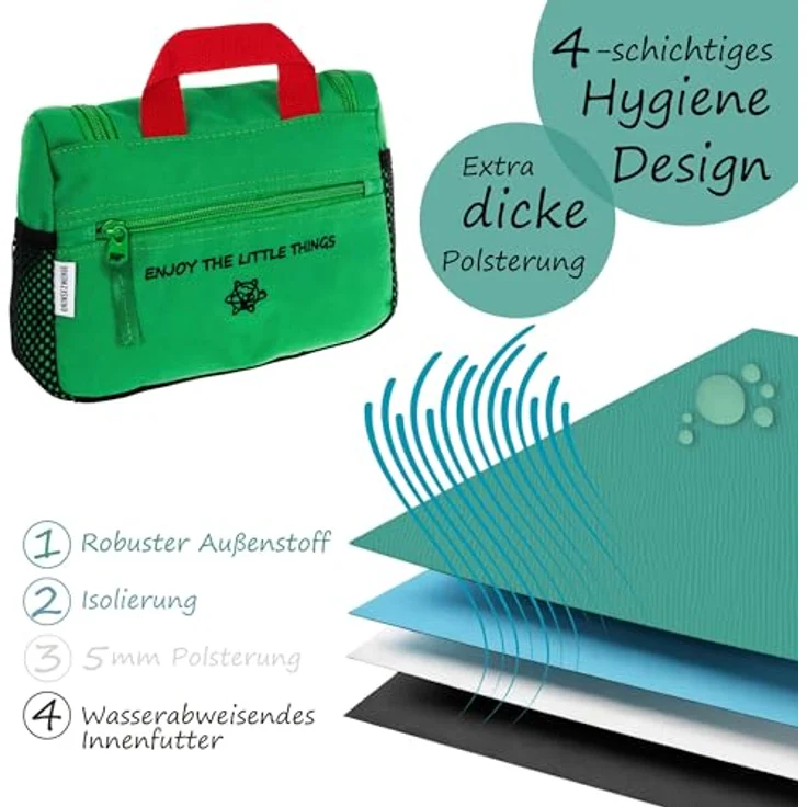 GRINSEZWERGE Kinder Kulturtasche, Reise Kulturbeutel zum Aufhängen mit großem Hauptfach, 3 Reißverschluss- und 4 Netztaschen, inklusive abnehmbarem Spiegel und Namensschild, premium Qualität und praktischer Metallhaken – Bild 5