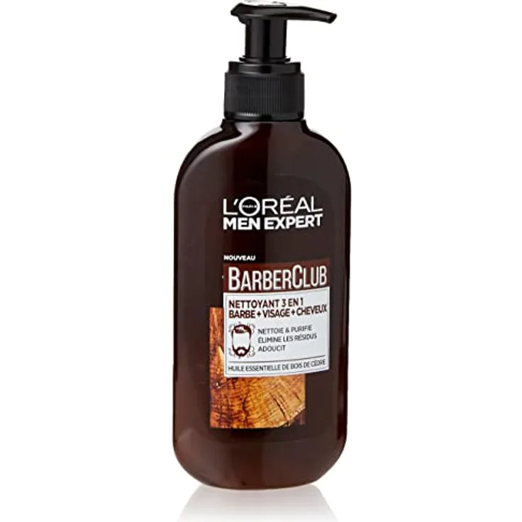 L'Oréal Men Expert BarberClub 3-in-1-Reiniger für Bart + Gesicht + Haare für Herren, für den täglichen Gebrauch, mit ätherischem Zedernholzöl, für alle Hauttypen, 200 ml