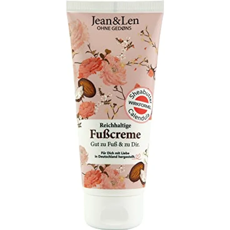 Jean & Len Fußcreme Sheabutter & Calendula, für trockene & beanspruchte Haut, pflegt intensiv & verleiht geschmeidige Füße, Rosmarin & Ingwer Duft, Foot Cream, ohne Parabene & Silikone, vegan, 100 ml