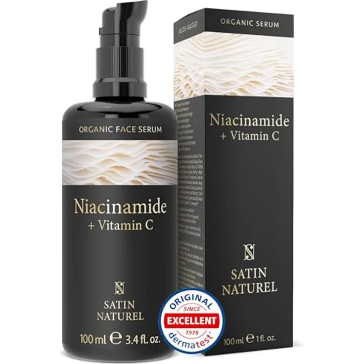 Satin Naturel Niacinamide Serum 100ml, 100% Vegan, gegen Rötungen und überschüssiges Öl, mit Vitamin C und Bio Aloe Vera, reduziert Poren, beseitigt Hautunreinheiten
