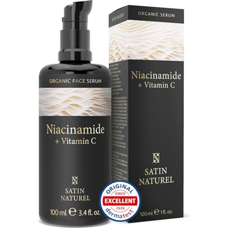Satin Naturel Niacinamide Serum 100ml, 100% Vegan, gegen Rötungen und überschüssiges Öl, mit Vitamin C und Bio Aloe Vera, reduziert Poren, beseitigt Hautunreinheiten – Bild 1