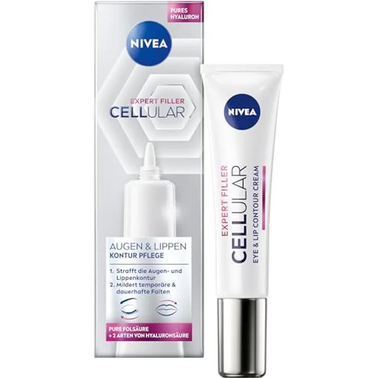 NIVEA Cellular Expert Filler Augen & Lippen Konturpflege, straffende Anti-Falten Augencreme mit Hyaluron- & Folsäure, Lippenpflege zur Straffung der Lippenkontur (15 ml)