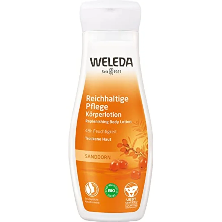 WELEDA Bio Bodylotion Sanddorn Reichhaltige Pflege – Vitalisierende Naturkosmetik Körperlotion spendet bis zu 48h intensive Feuchtigkeit. Körpercreme zur schnellen Pflege von trockener Haut (1x 200ml) – Bild 1