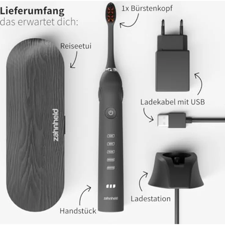 Zahnheld Gero 2 Schallzahnbürste, elektrische Zahnbürste mit Etui schwarz, 5 Putzmodi, lange Akkulaufzeit für Erwachsene, ideal für Reisen – Bild 6